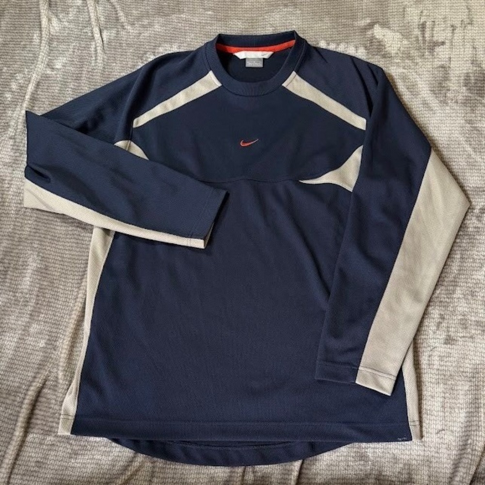 VintageNike Mens L Center Swoosh Blue Grey Long Sleeve Athletic Training Shirt